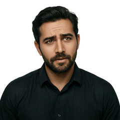 Fototapeta premium Portrait man intrigued 34 year old male in black shirt isolated on a transparent background for professional business stock photography