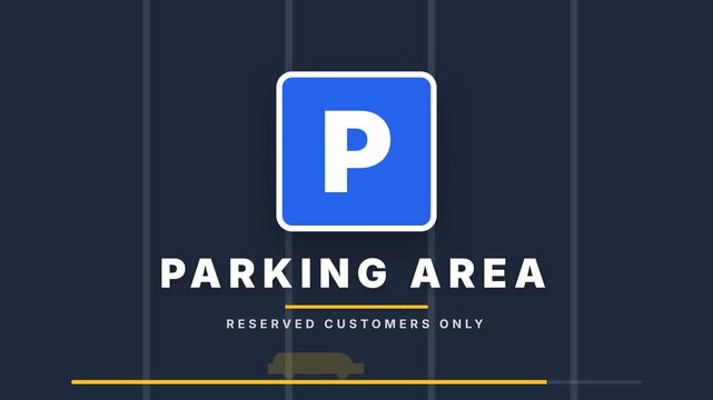 Parking area sign, blue and white parking symbol with 'PARKING AREA RESERVED CUSTOMERS ONLY' text, car silhouette on dark background, symbolizing parking reservation and customer service.