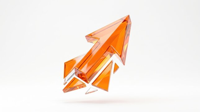 Abstract 3D orange glass arrow pointing upwards symbolizing business growth success and financial profit increase, modern geometric crystal design element for marketing