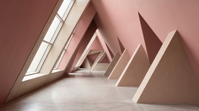 Abstract minimalist architectural interior featuring repeating triangular geometric structures and pink walls creating a surreal perspective corridor, modern design with soft