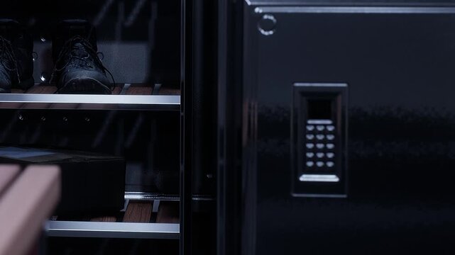 A storage unit is open showing shelves and a lock on the door. There is a black boot on the middle shelf and a box next to it. The space is organized for storage.