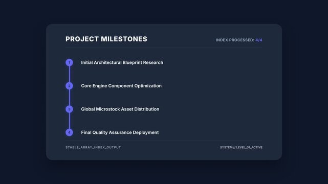 Project milestones infographic, dark blue background with light blue progress bar and white text, software development environment, seamless loop updating progress, symbolizing progress