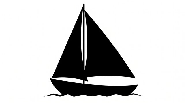 Black silhouette of a sailboat sailing on water isolated on white background