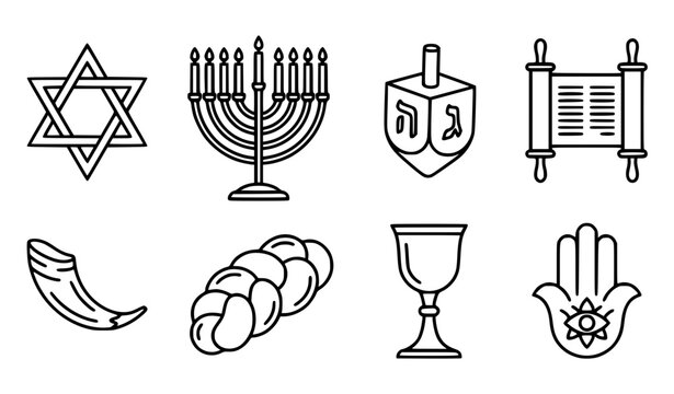 Jewish Judaica Symbols Line Art Vector Set with Menorah Torah Dreidel Shofar Star of David and Challah