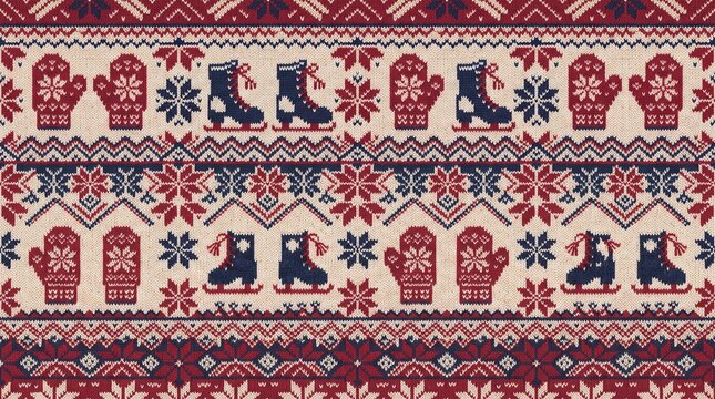 Christmas Fair Isle knit pattern with mittens and ice skates in red and blue colors