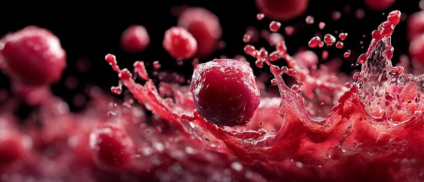A red blood cell splashes into a fluid pool against a dark background with droplets flying.
