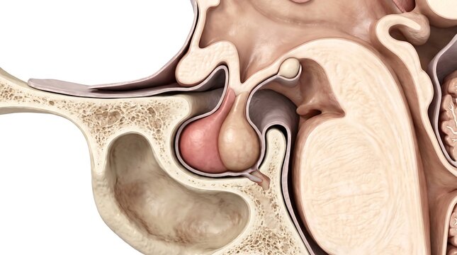 Sagittal section view of the human brain showing pituitary gland and hypothalamus