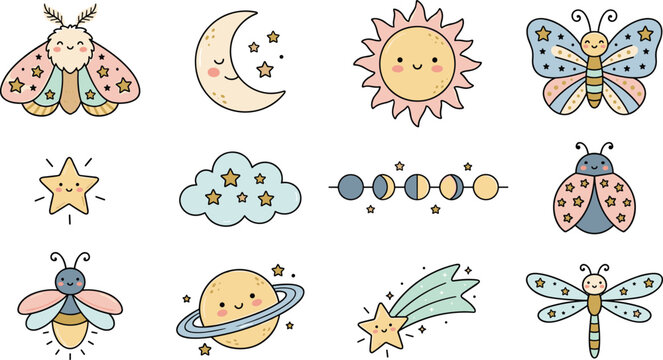 Cute Kawaii Celestial and Insect Sticker Vector Set Featuring Pastel Sun Moon Star Planet Butterfly and Beetle Characters