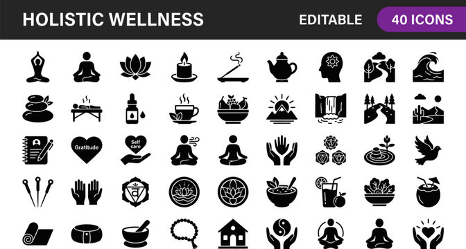 Holistic Wellness Icons Set Featuring Meditation Yoga Mindfulness Self Care Gratitude Tea Herbal Remedies Spa Relaxation Nature Healing