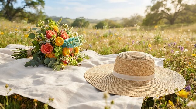 Picnic with colorful flowers and a straw hat in a sunlit meadow