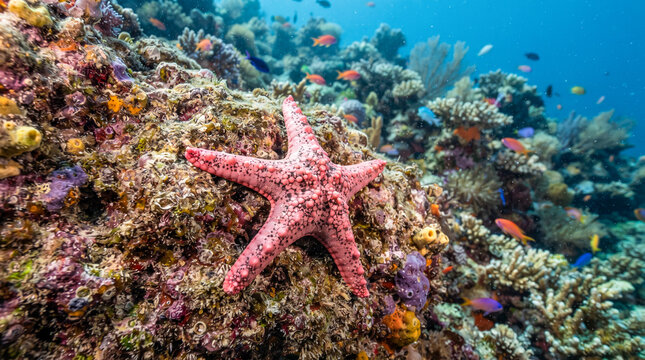 Estrella de mar rosa adherida a una roca marina rodeada de corales coloridos y peces tropicales en aguas cristalinas.