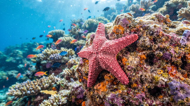 Estrella de mar rosa adherida a una roca marina rodeada de corales coloridos y peces tropicales en aguas cristalinas.