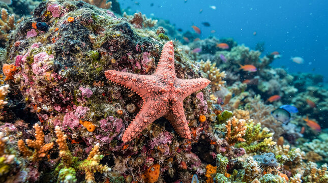 Estrella de mar rosa adherida a una roca marina rodeada de corales coloridos y peces tropicales en aguas cristalinas.