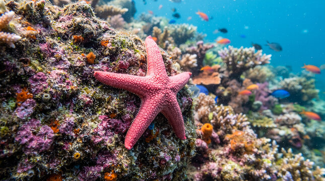 Estrella de mar rosa adherida a una roca marina rodeada de corales coloridos y peces tropicales en aguas cristalinas.