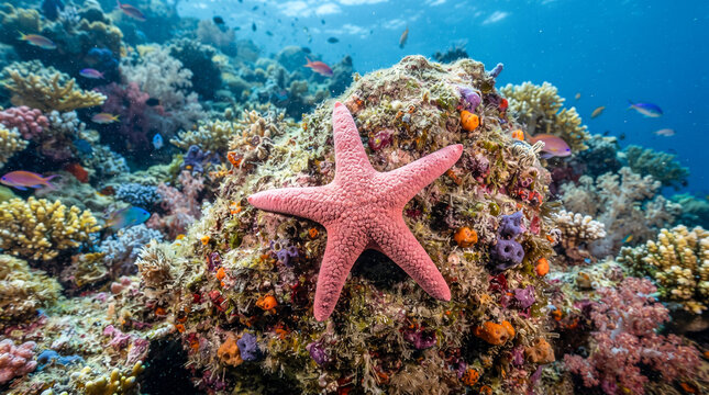 Estrella de mar rosa adherida a una roca marina rodeada de corales coloridos y peces tropicales en aguas cristalinas.