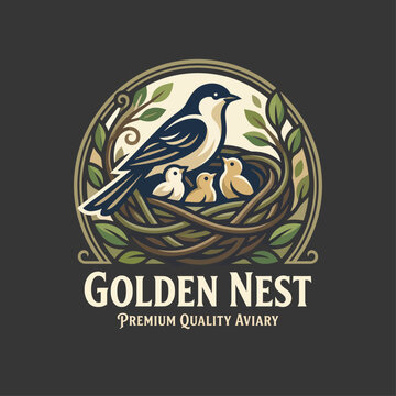This enchanting logo showcases a bird in a nest with chicks, surrounded by leaves, conveying a sense of nurturing and quality in a premium aviary brand context.