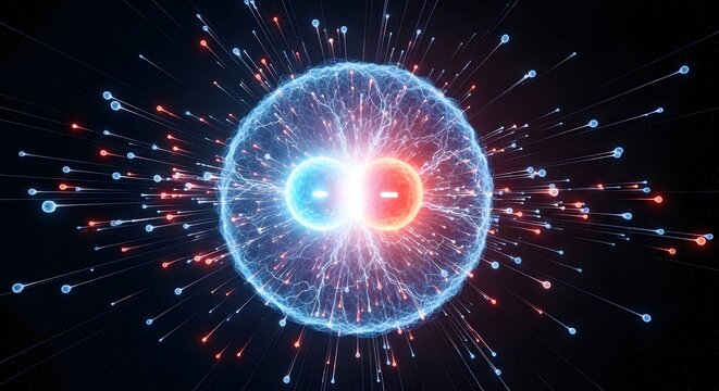 Atomic particle collision in space. Abstract scientific explosion of subatomic particles.