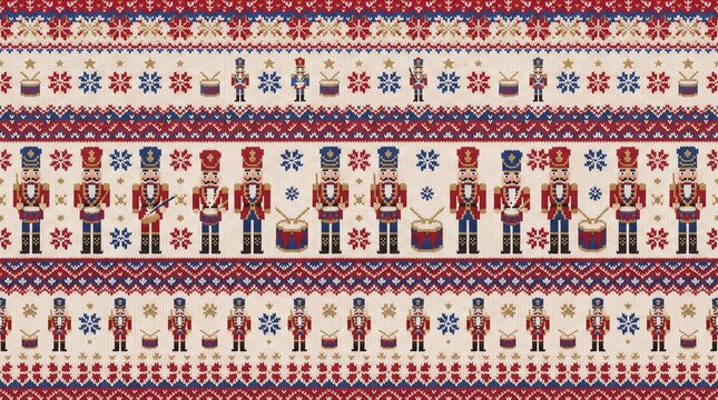 Christmas Fair Isle textile pattern with nutcracker soldiers and festive winter motifs