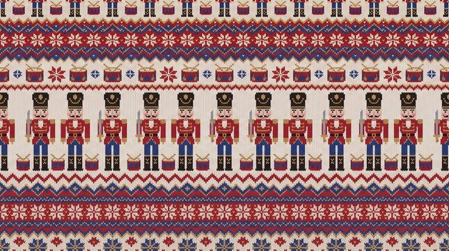 Christmas Fair Isle textile pattern with nutcracker soldiers and festive winter motifs