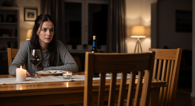 Pensive young woman sitting alone at a dining table. Lonely female with red wine and lit candles in a dimly lit room. Solitude and waiting concept