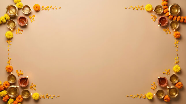 Diwali festival background with traditional oil lamps and marigold flowers arranged as a border