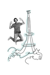 Fototapeta premium Composite trend artwork 3D image collage of young man jump listen music headphones travel moving symmer season europe paris eiffel tower