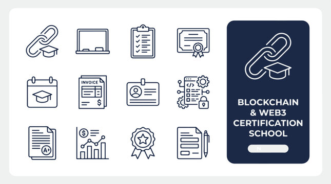 Blockchain and web3 certification school icons for online education digital learning courses smart contracts and decentralized technology training