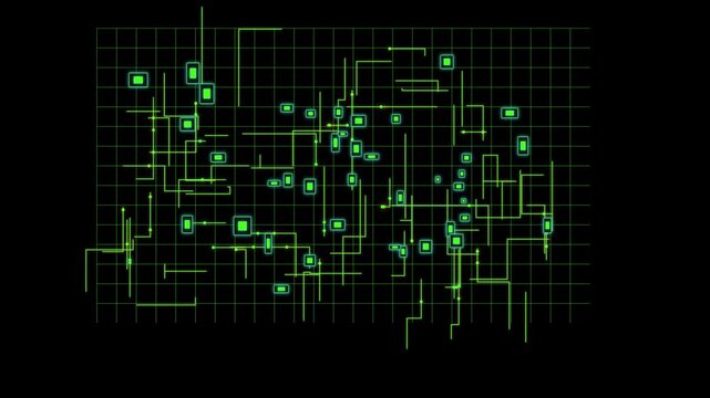 Glowing Green Circuit Board Network Grid with Animated Data Signals and Microchip Nodes Loop
