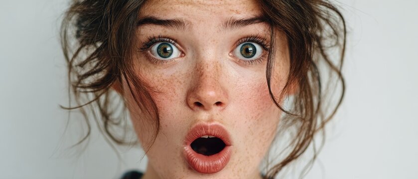 A close-up portrait of a freckled woman with wide eyes and an open mouth expressing shock against a plain background.