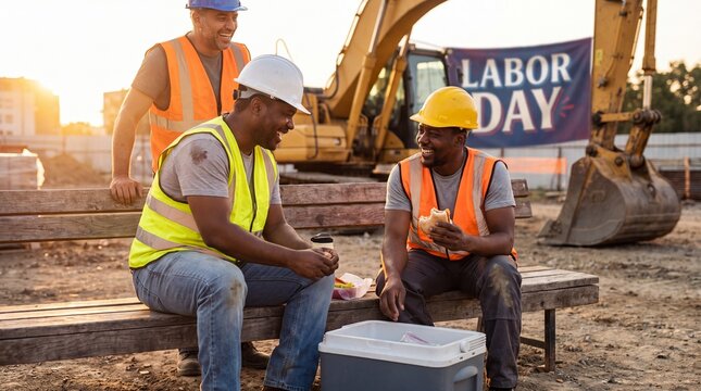 Diverse construction workers taking a lunch break at a site during Labor Day celebration