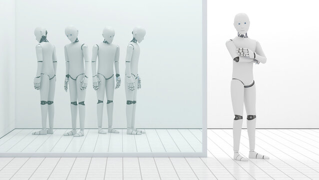 Robots out of order, storeroom, one standing at entrance, 3D Rendering