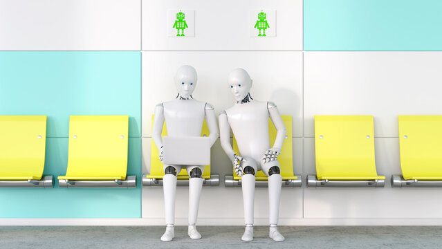 Two robots looking at laptop, 3D Rendering