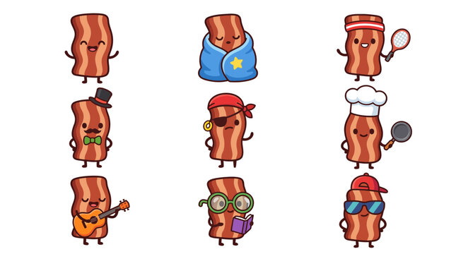 Collection of cute cartoon bacon characters with various costumes and hobbies on white background