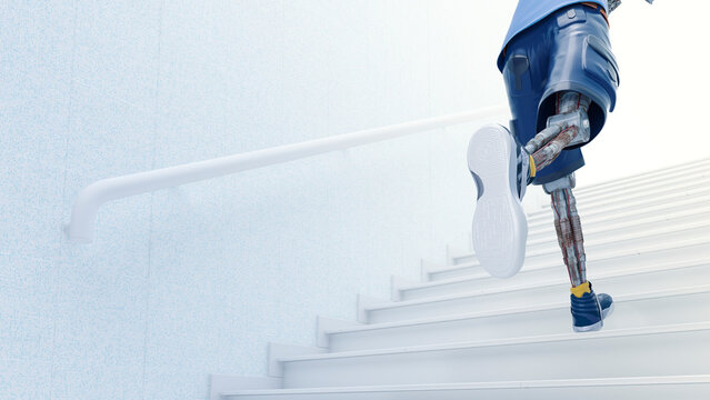 Robot running up stairs, 3d rendering