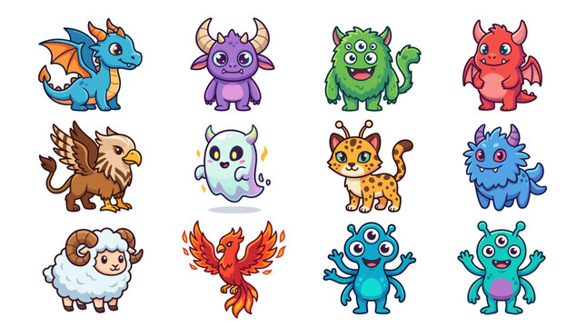 Collection of cute fantasy monster icons.