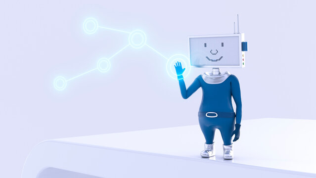 Robot pushing shining button, 3d rendering