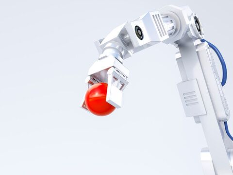 3D Rendering, robot arm holding red ball