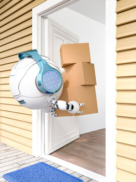 3D rendering, Little drone with headphones delivering parcels