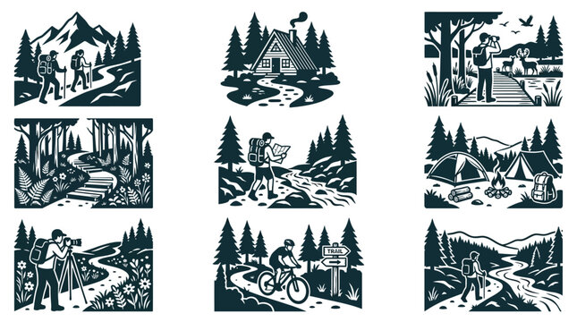 Collection of hiking and camping outdoor adventure illustrations.