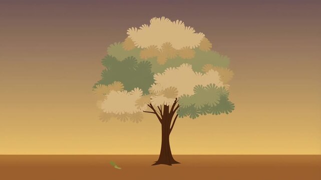 Flat Vector Autumn Tree Swaying Gently with Falling Leaves in Sand Tones