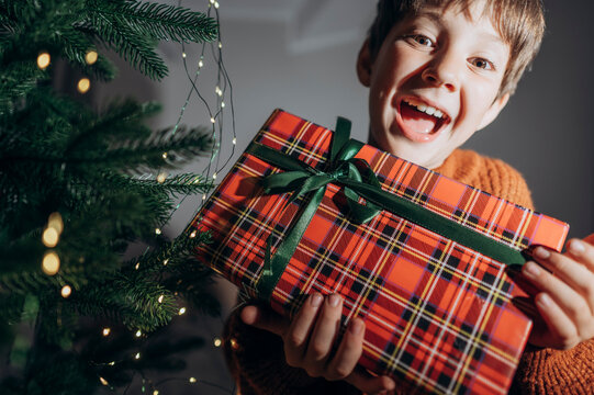 Excited boy holds a wrapped Christmas gift at home near the tree