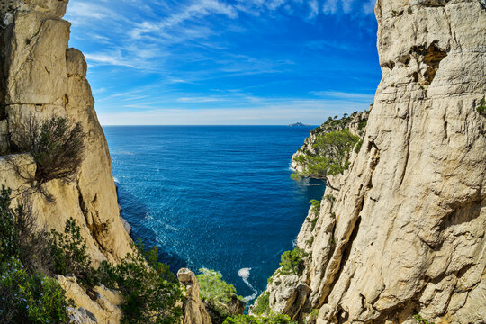 Rocky cliffs frame the Mediterranean Sea in National Park Calanques
