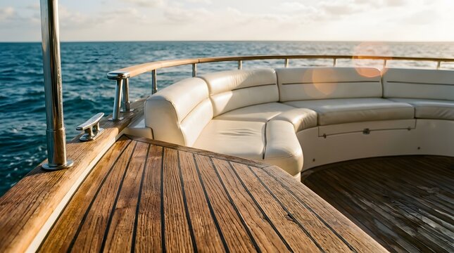 Luxury yacht teak deck with white leather seating at sunset on the open ocean