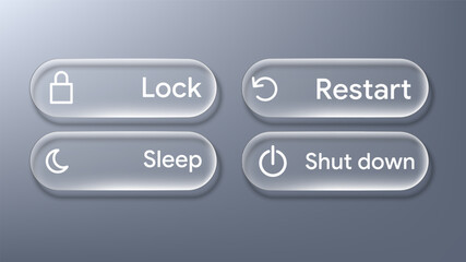 Glassmorphism Button Set with Lock, Restart, Sleep and Shut Down Icons for Website, App, Interface, Mockup and Modern Digital Design Template © Idee khan