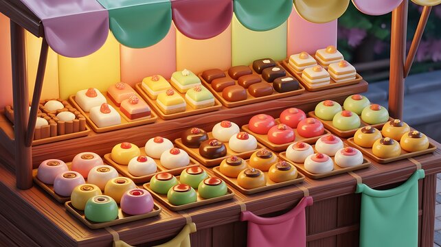 cute 3D cartoon traditional market pastry and cake stall, adorable chibi style, traditional cakes and desserts