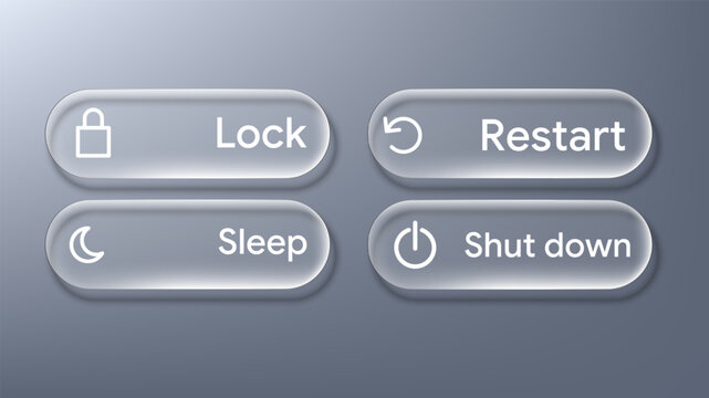 Glassmorphism Button Set with Lock, Restart, Sleep and Shut Down Icons for Website, App, Interface, Mockup and Modern Digital Design Template