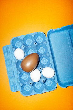 Large chocolate Easter egg and white egg in a blue carton