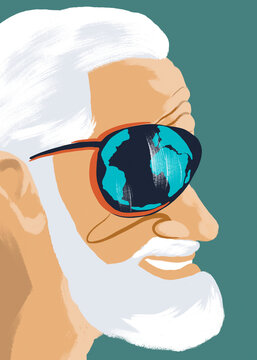 Smiling senior man wears eyewear reflecting the earth