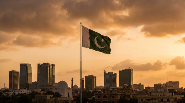 The national flag of Pakistan waving over the Karachi city skyline at sunset.