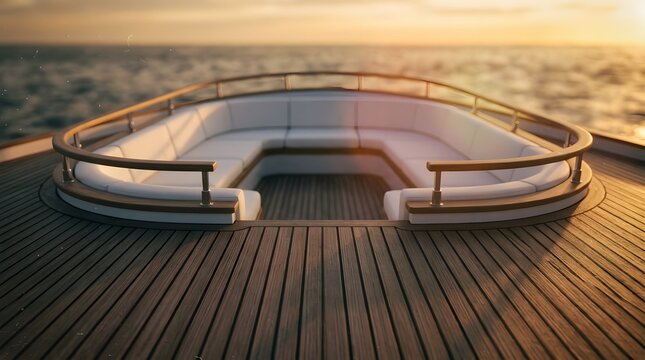Luxury yacht teak deck with white lounge seating at sunset over the ocean